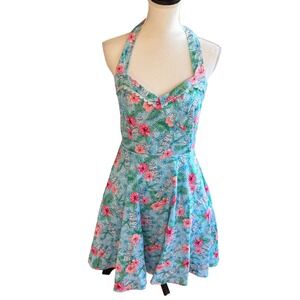Hot Topic Tiki Hibiscus Blue Floral Halter Swing Dress Petticoat Retro Sz Large